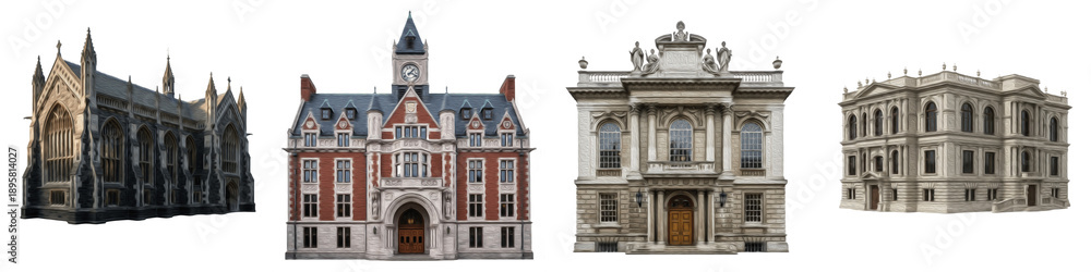 Naklejka premium Set of Classical European Architecture Buildings Isolated on White Background