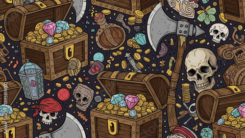 Seamless pattern featuring pirate treasure chests overflowing with gold coins, gems, skulls, and axes creates a vibrant adventure theme.