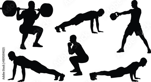 Fitness workout silhouette set featuring weightlifting, kettlebell training, squats, push ups, planks, and functional strength exercises isolated on white background