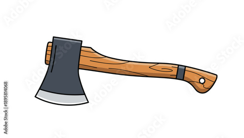 Hand axe with a sharp steel head and a curved wooden handle is illustrated on a plain background, used for woodcutting and outdoor tasks.