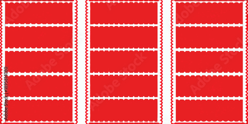 Three red rectangular cards with decorative white scalloped edges displayed together