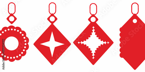 Four intricately designed red ornaments with varying geometric shapes and patterns