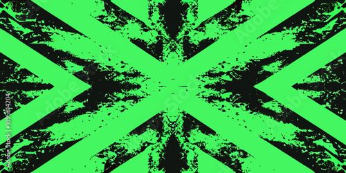 A striking green and black abstract cross pattern with a textured appearance
