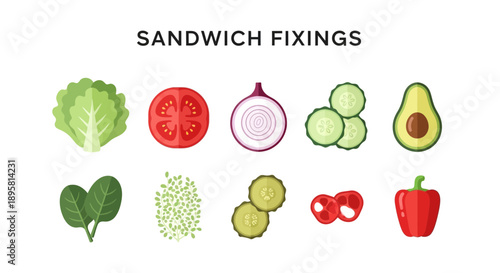An array of illustrated sandwich fixings including vegetables arranged in two rows