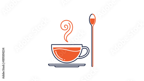 Stylized icon of a cup of hot tea on a saucer with a long spoon and rising steam represents relaxation and warm beverages.