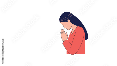 Woman with long dark hair wears a pink dress and holds her hands together in prayer or meditation against a white background.