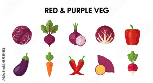 Illustration of ten red and purple vegetables against a white background