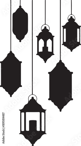 Black lanterns hanging in a row on white background
