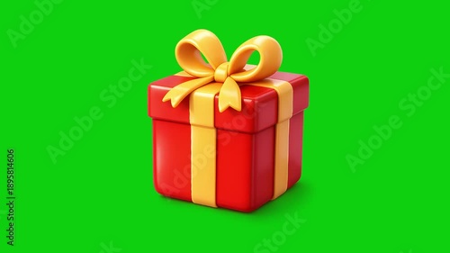 Shiny Red Gift Box with Golden Ribbon on Green Screen Background