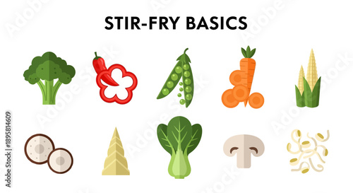 Ten flat illustration icons of vegetables for stirfry arranged in two rows