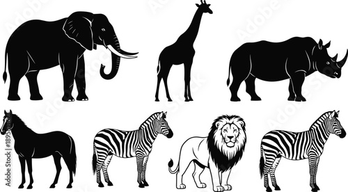 Black and white African safari animal silhouette collection featuring elephant giraffe rhinoceros lion zebra and horse wildlife vector illustration isolated on white background