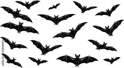 Black and white bat silhouette collection with flying poses, spooky nocturnal mammal shapes and Halloween wildlife vector illustration isolated on white background