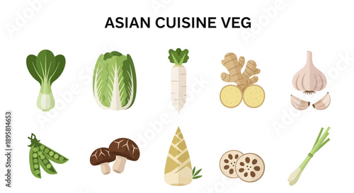 Ten illustrations of Asian cuisine vegetables arranged in two rows