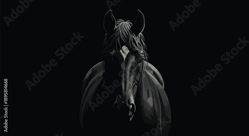 Majestic black horse portrait with sleek mane on dark background