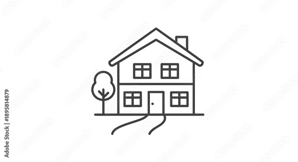 Fototapeta premium Minimalist Line Art Icon of a House with a Tree and Path
