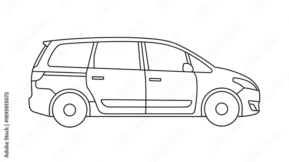 Fototapeta premium Simple black line drawing of a modern minivan shows its profile, emphasizing its use as a family vehicle for transportation.