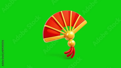 Red and Gold Chinese Hand Fan Decoration on Green Screen Background