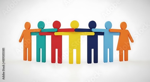 A diverse group of colorful human figures standing together in unity and solidarity, holding hands in a symbol of togetherness and cooperation, viewed from the front in a minimalist illustration style
