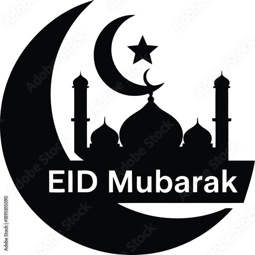Eid mubarak greeting card with mosque and crescent moon