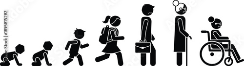 Human life cycle silhouette illustration showing stages from baby to elderly person in wheelchair, aging process concept, lifespan development, family and healthcare symbols