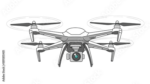 Modern white and grey drone with four propellers and a high definition camera is shown ready for aerial photography or filming.