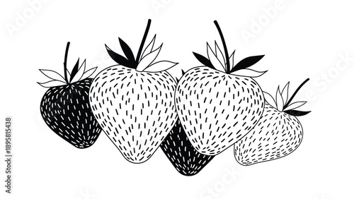 Group of five black and white strawberries with leafy tops are arranged in a row, showing a simple and artistic fruit pattern.