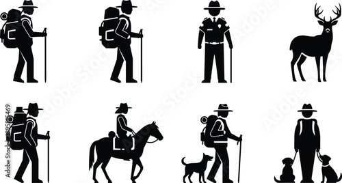 Black and white park ranger and hiker silhouette set with wildlife animals, outdoor adventure icons and nature conservation vector illustration isolated on white background