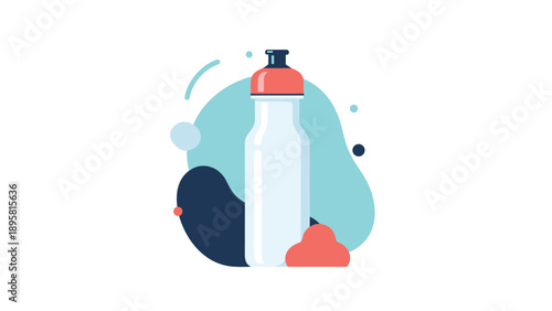 Stylized white water bottle with a red cap is placed against an abstract background of blue shapes for fitness themes.