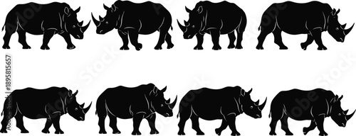 Rhinoceros silhouette set with multiple walking poses isolated on white background black vector wildlife illustration collection for nature projects