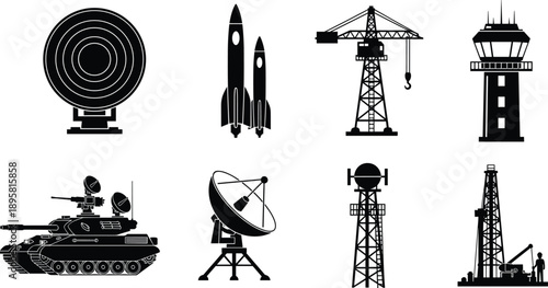 Industrial and military technology silhouette icon set including radar, rockets, crane, control tower, tank, satellite dish, communication towers, and oil drilling infrastructure symbols