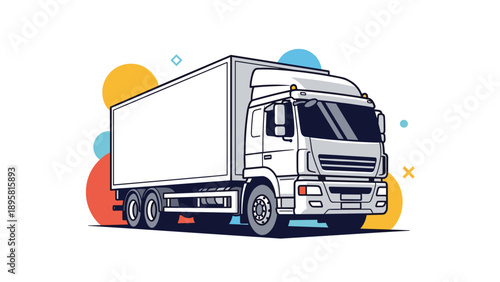 Large white delivery truck is depicted in a modern vector style with colorful abstract circles in the background.