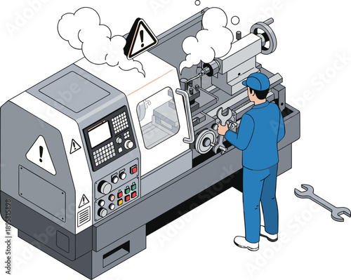 Industrial worker operating CNC lathe machine with safety warnings, manufacturing process illustration, factory automation, engineering, maintenance, precision machining, mechanical workshop, and 