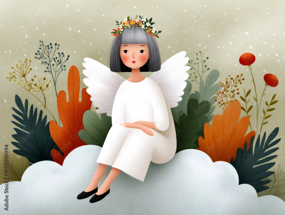 Fototapeta premium Angel girl with wings sitting on cloud in garden