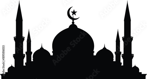 Silhouette of mosque with crescent moon and star