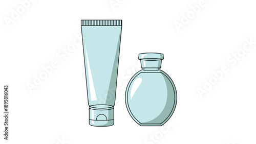 Two light blue cosmetic containers including a tube and a bottle are used for packaging lotions and skincare products.