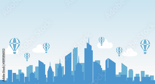 Modern Flat City Skyline Silhouette with Hot Air Balloons and Copy Space