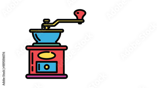 Vintage manual coffee grinder with a colorful red and blue design is a charming kitchen appliance for coffee lovers.