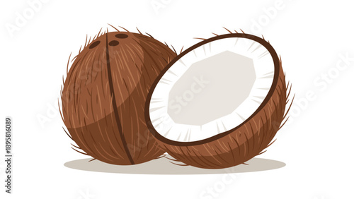 Whole coconut and a halved coconut with white flesh are shown together to highlight the fruit's texture and nutrients.