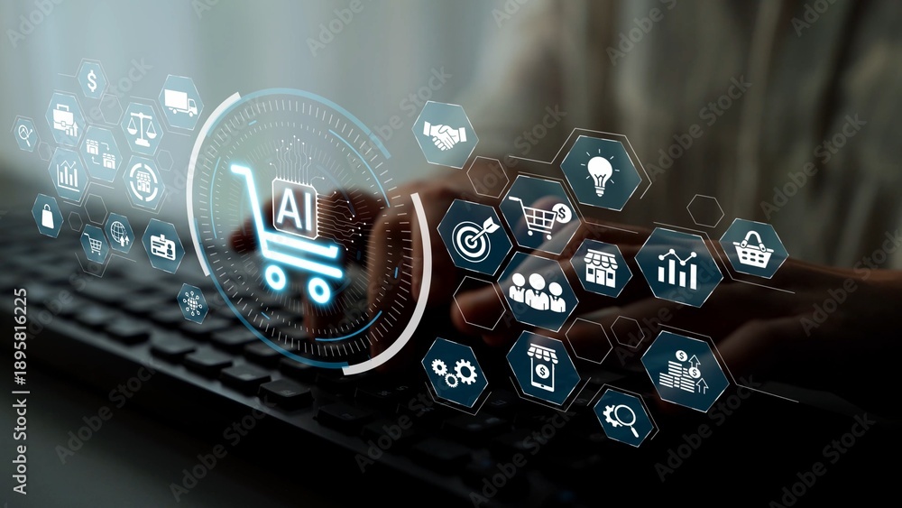 Fototapeta premium AI transforms ecommerce by enabling smart product recommendations, AI automated shopping decisions, and AI-powered ecommerce analytics to optimize customer experience and AI ecommerce success. Muxer
