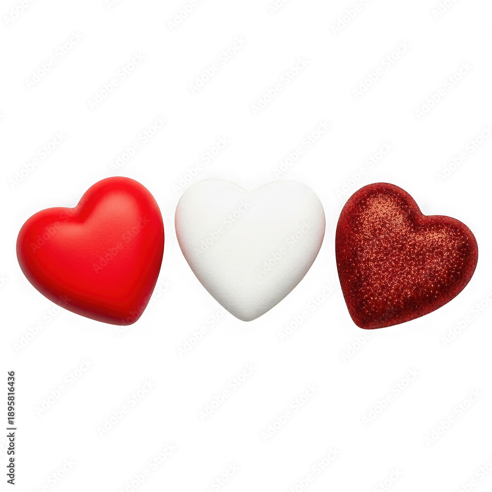 Fototapeta premium Three decorative hearts in different textures and colors isolated on transparent background transparent background