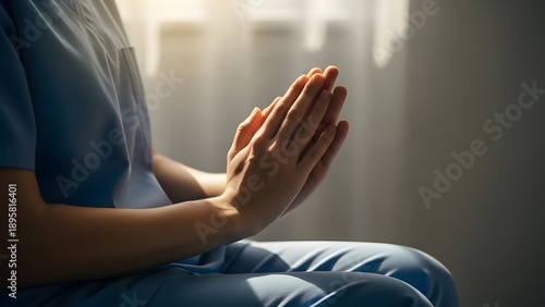 Healthcare worker in blue uniform sitting with hands joined in prayer