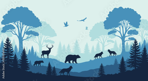 Blue forest wildlife landscape illustration with deer bear wolves and birds, layered nature scenery silhouette background vector design