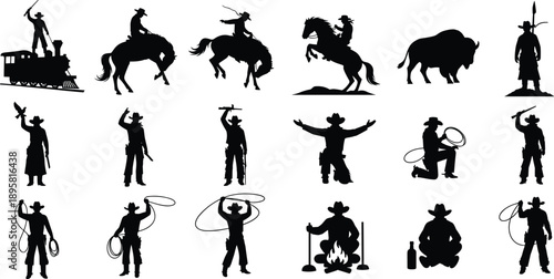 Wild west cowboy silhouette collection with rodeo riders, lasso actions and frontier scenes, western vector illustration isolated on white background