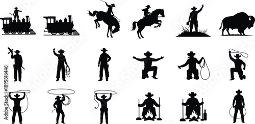 Wild west cowboy silhouette collection with rodeo riders, lasso tricks, horses and frontier scenes, classic western vector illustration isolated on white background