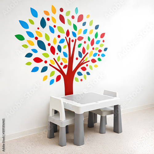 tree in a room. Modern Kids Playroom with Colorful Tree Wall Decal and Activity Table
