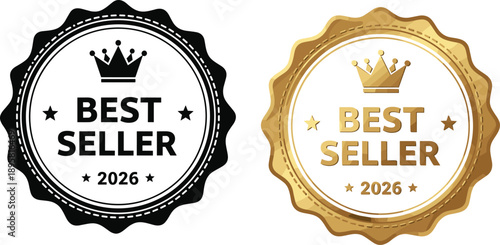 Best seller badge vector set, gold black award seal, premium quality label, crown emblem, marketing promotion sticker, ecommerce product highlight