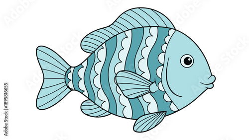 Cute cartoon fish with wavy blue stripes and a friendly expression swims through clear water in this fun illustration.