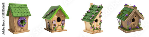 Billede på lærred Set of charming wooden birdhouses with green roofs and purple flower decorations, rustic garden bird nest boxes isolated on white background