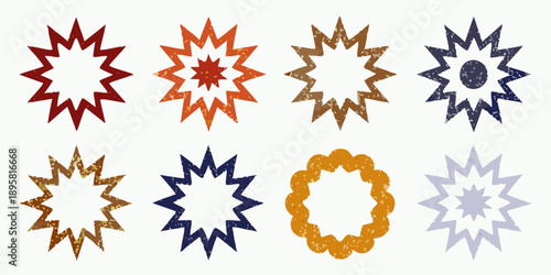 Abstract starburst shapes in varying colors and textured styles