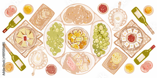 An overhead view of a colorful and abundant picnic spread with food and drinks